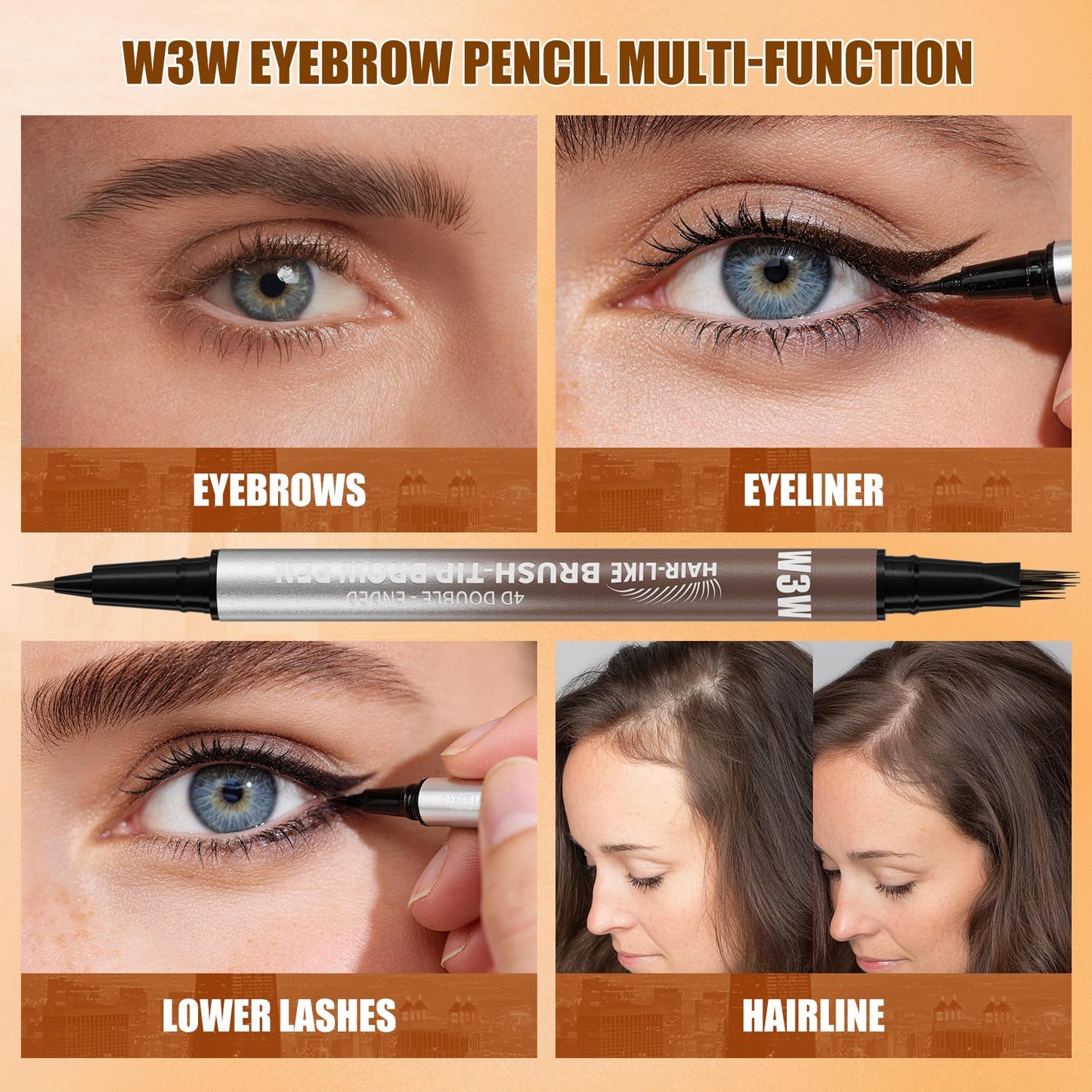 Eyebrow Pencils for Women, W3W 4D Dual-Ended Brow Pen, Angled Square Tip + Ultra-Fine Brush Tip, Waterproof Smudge-Proof, Natural Hair-Like Strokes, Brown (Medium Brown)