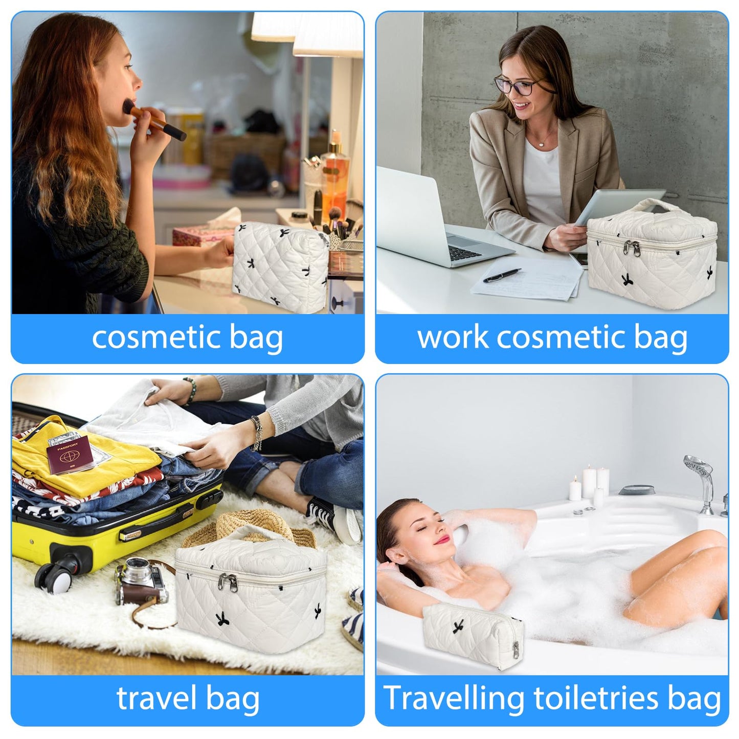 Cozomga Cute Cotton Quilted Makeup Bag Set, Large Travel Cosmetic Bag for Women, Big Make Up Bag with Toiletry Organizer, Aesthetic Storage for Daily Use & Travel