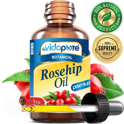 MYVIDAPURE Rosehip Oil Vitamin A, Vitamin C, Vitamen E for Wrinkles, Scars, Stretch Marks, Face, Body, Hair, Lip Care. (1 Fl Oz)