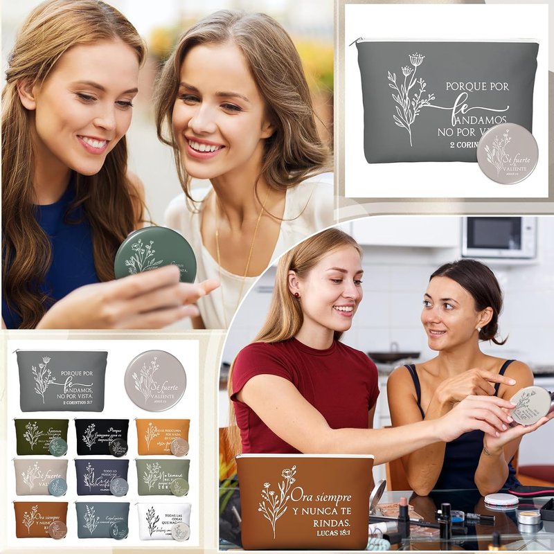 Spanish Christian Gifts for Women - 30 Sets Bible Verse Makeup Bags & Compact Mirrors | Boho Canvas Design