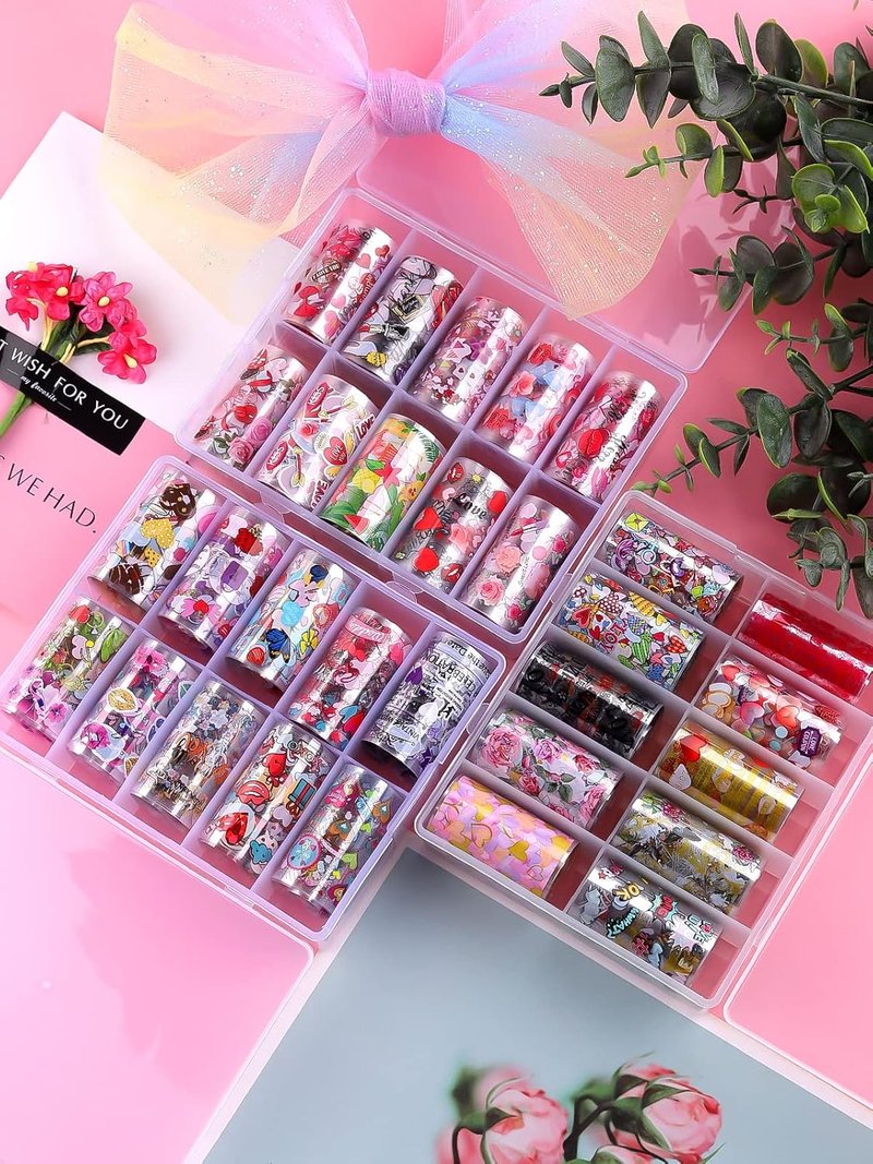 Colorful Nail Foil Decals - 30 Rolls of Valentine's Day Transfer Stickers | Heart, Flower & Lips Designs for DIY Nail Art