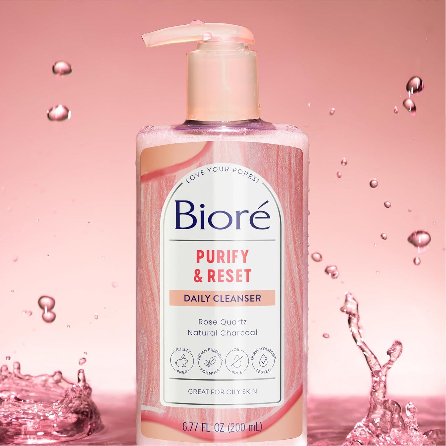 Bioré Rose Quartz + Charcoal Daily Purifying Cleanser, Oil Free Facial Cleanser Energizes Skin, Dermatologist Tested and Cruelty Free, 6.77 oz