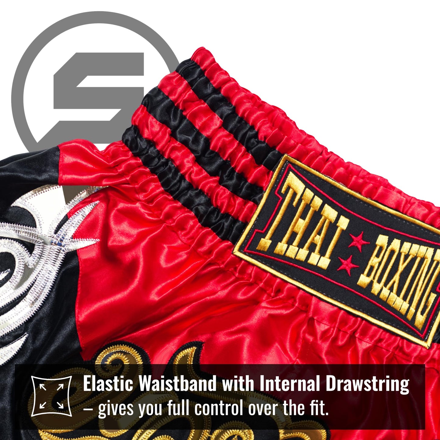 SIAMKICK Classic Muay Thai Shorts for Men Women Boxing Kickboxing High Grade MMA Fight Clothing Training Workout Trunks (M, Black/Red)
