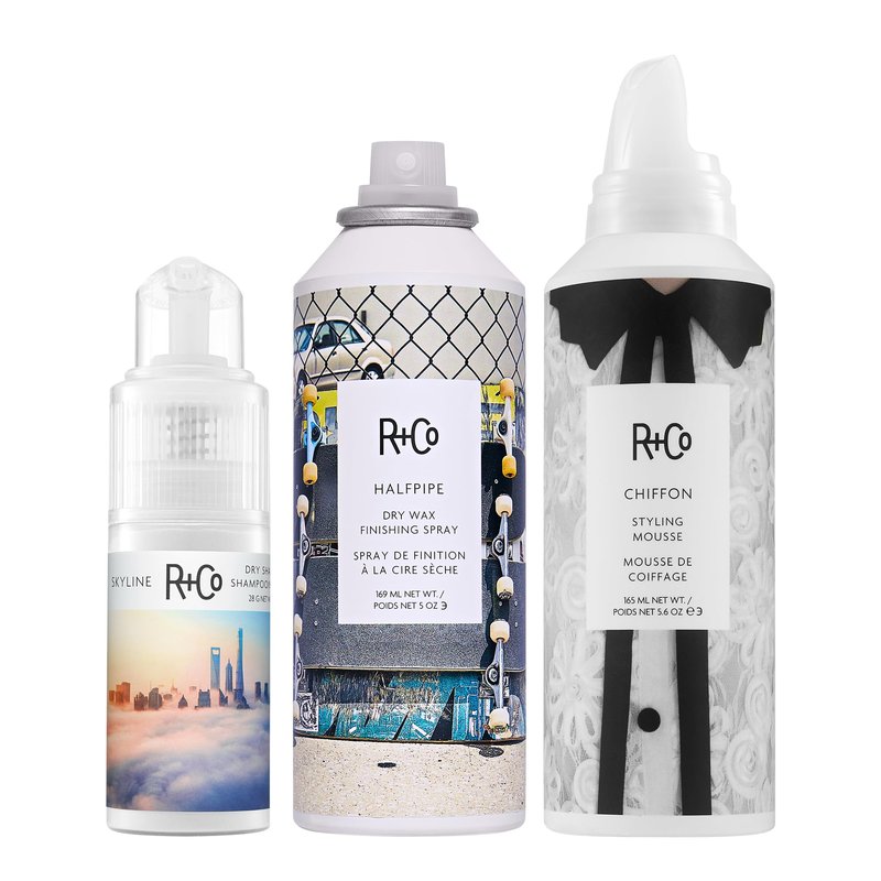 R+Co SKYLINE Dry Shampoo Powder, HALFPIPE Dry Wax Finishing Spray & CHIFFON Styling Mousse Bundle – Refresh, Texture & Volume Hair – Vegan & Cruelty-Free Hair Care