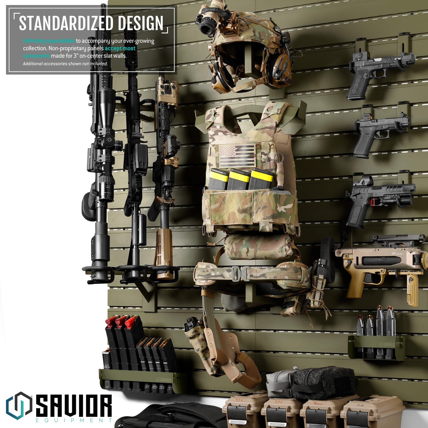 Savior Equipment Wall Rack System Universal Magazine Rack Holder Slat Wall Mount Display Organizer Hanger, Adjustable to Fit Most 9MM .45 Pistol 5.56 .308 Rifle Mags, Heavy-Duty Steel Construction