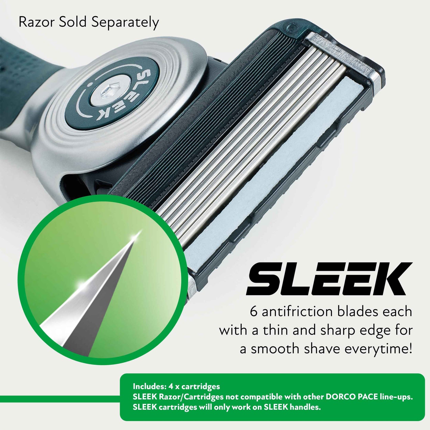 DORCO SLEEK Six Blade Razor System with Multi-Flex Technology Refill Set, Precision Shaving Razor Replacement Cartridge (4 Pack)