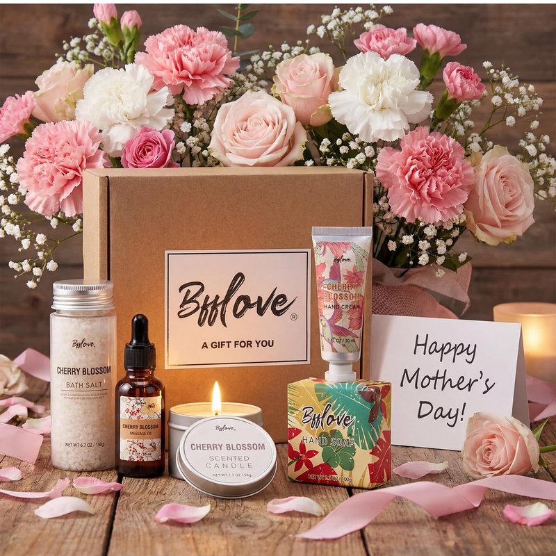 BFFLOVE Gift Set for Women - 5pcs Cherry Blossom Spa Gifts for Women, Birthday, Anniversary, Mother's Day Gifts for Her with Massage Oil, Scented Candle, Bath Salts, Hand Cream
