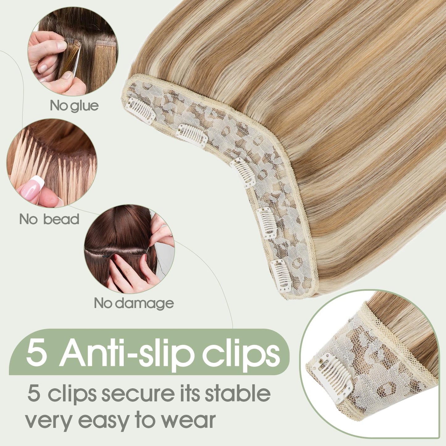 S-noilite One Piece Clip-in Hair Extensions Human Hair Balayage 5 Clips 3/4 Full Head V Part Weft Thicker Hair Lace Net One Piece Hair Extensions (14"-50g, #Golden Brown/Bleach Blonde)