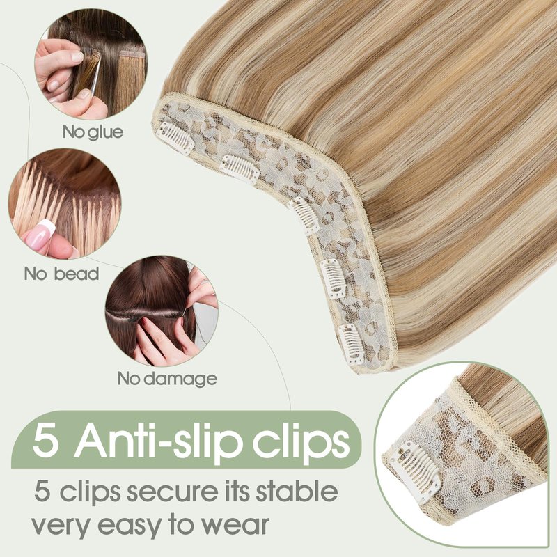 S-noilite One Piece Clip-in Hair Extensions Human Hair Balayage 5 Clips 3/4 Full Head V Part Weft Thicker Hair Lace Net One Piece Hair Extensions (14"-50g, #Golden Brown/Bleach Blonde)