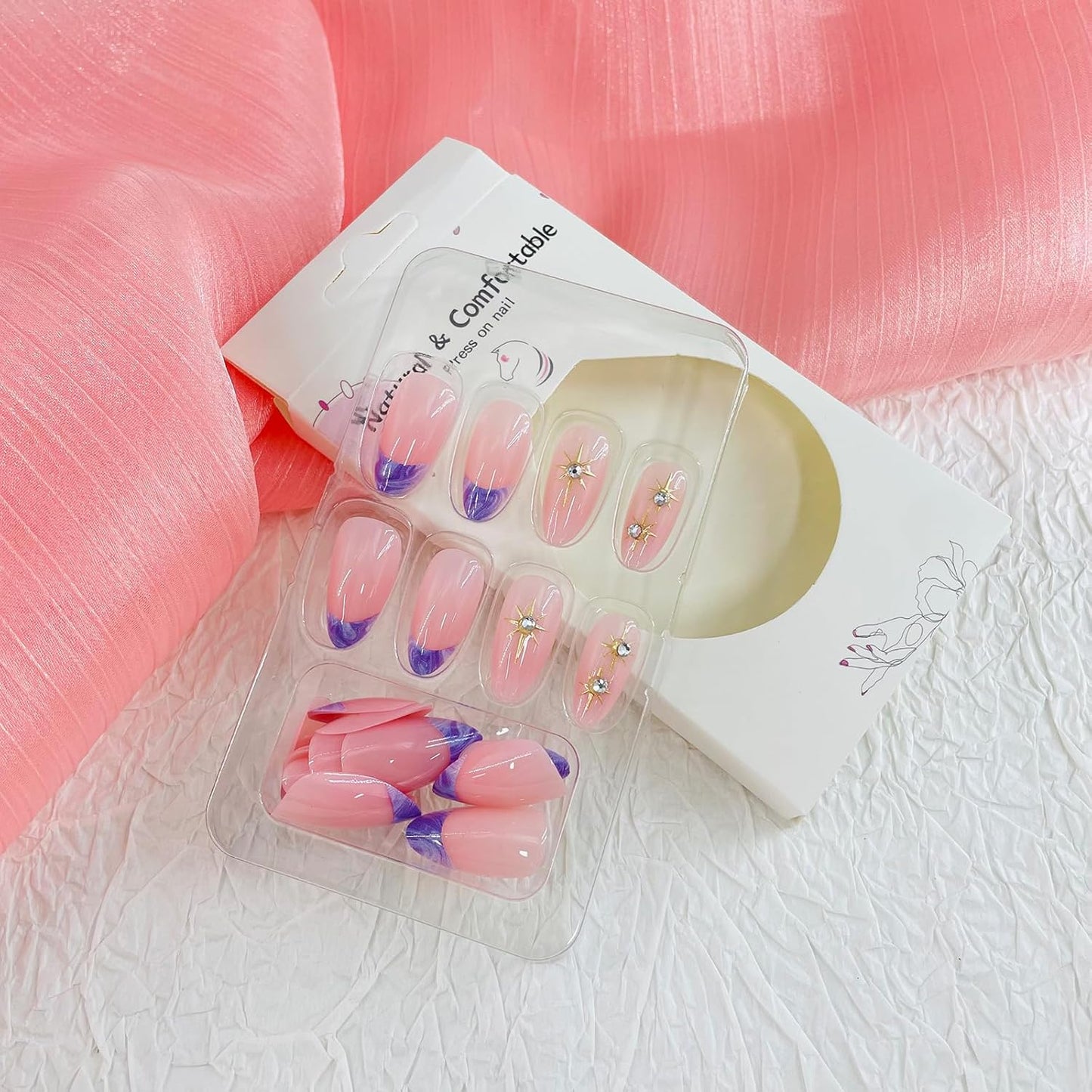 French Tip Almond Press-On Nails with Gold Bow | Reusable Glossy Acrylic False Nails for Women