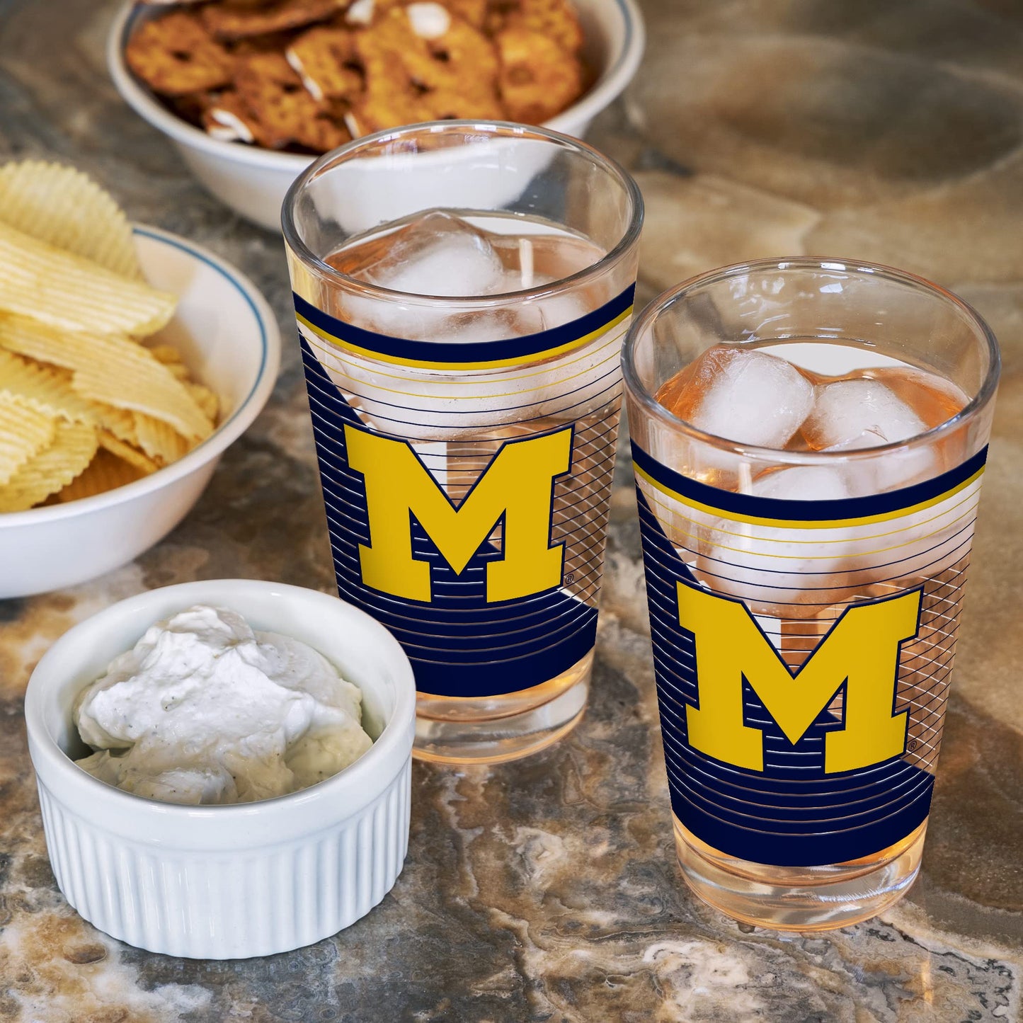 Rico Industries NCAA Michigan Wolverines 16 oz Pint Glasses with Digitally Printed Logo, Practical Set of 2 Classic Drinking Glasses, for Fans, Dishwasher Safe