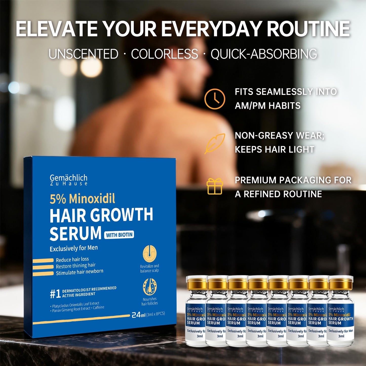 5% Minoxidil for Men Hair Growth with Biotin, Extra Strength Topical Minoxidil Solution Serum with Rosemary & Caffeine for Hair Regrowth Treatments, Non-Greasy, Helps Prevent Hair Thinning & Hair Loss