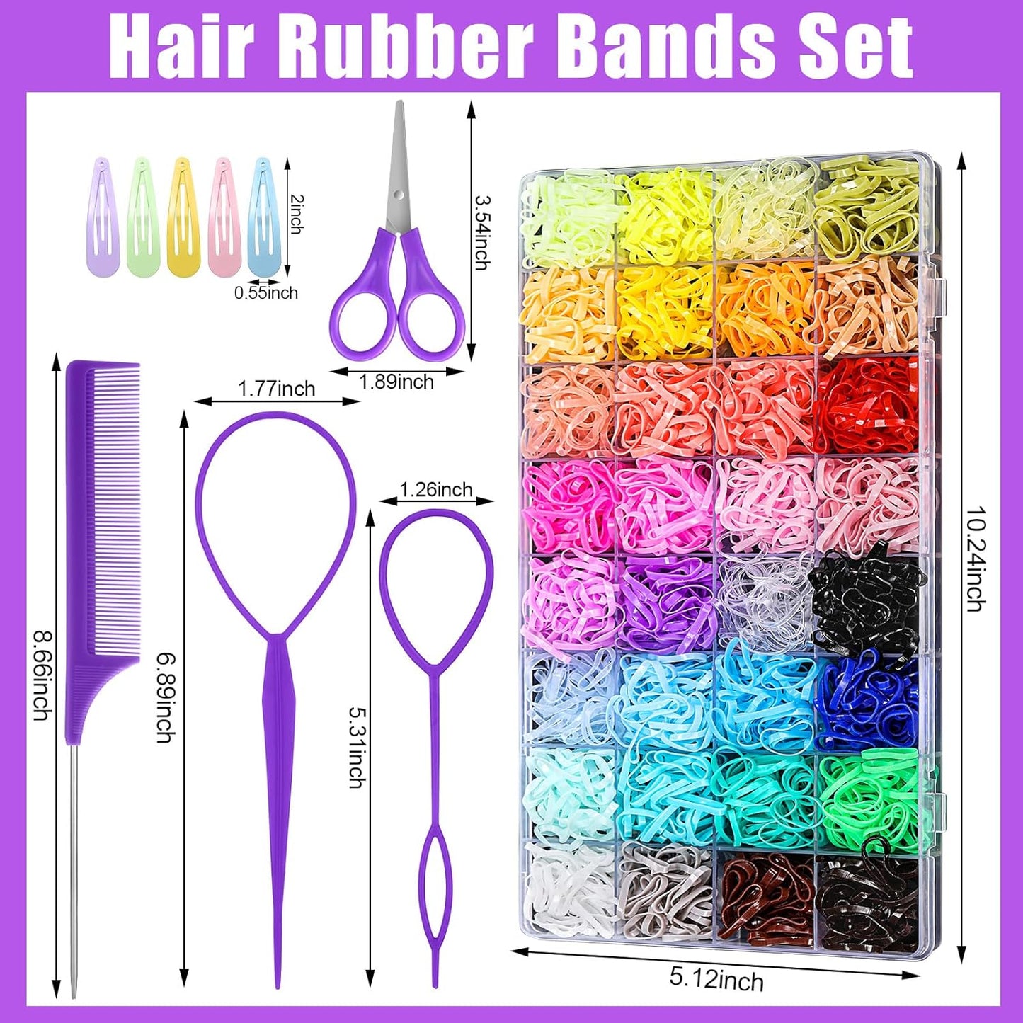 32 Colored Elastic Ties, 1700 Pieces Rubber Bands With 14 Styling Tools, Hair Tie Cutter and Accessories for Girls, Baby, Toddler, Kids