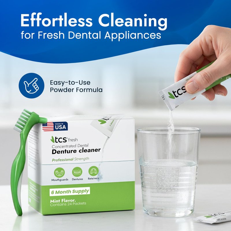 TCS Fresh Concentrated Dental Appliance Cleaner Set, Professional Denture and Retainer Cleaner Powder with Soft Bristle Brush (24 Packets, 6 Month Supply, Mint Flavor)