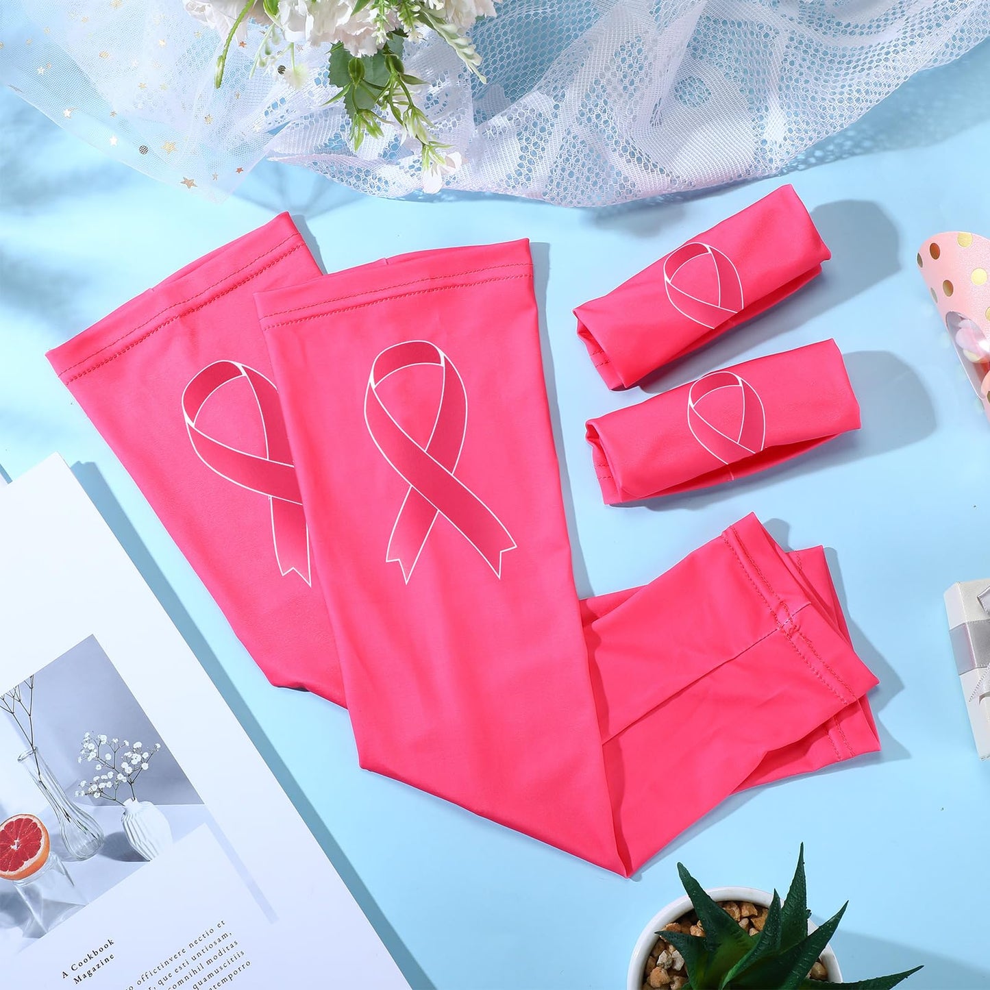 Handepo 12 Pairs Breast Cancer Awareness Sleeves Ribbon Arm Sleeves UV Protection Compression Arm Sleeve for Women Men Youth(X-Small)