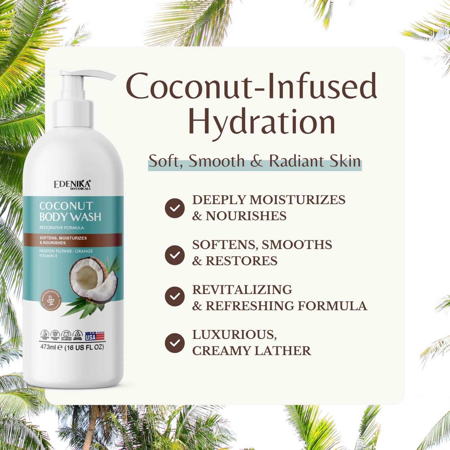 EDENIKA BOTANICALS Coconut Body Wash, Cleans, Softens & Nourishes, Ultra Moisturizing Shower Gel for Dry and Sensitive Skin, Women & Men, Organic & Natural, 16 fl oz, 2-Pack