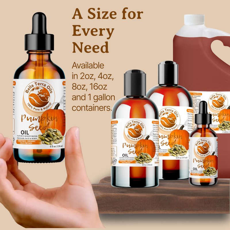 Bella Terra Oils - Natural Pumpkin Seed Oil 16oz - An Ode to Natural Pumpkin's Nutrient Array, Packed with Cucurbitin & Essential Amino Acids, A Skin's Cherished Elixir