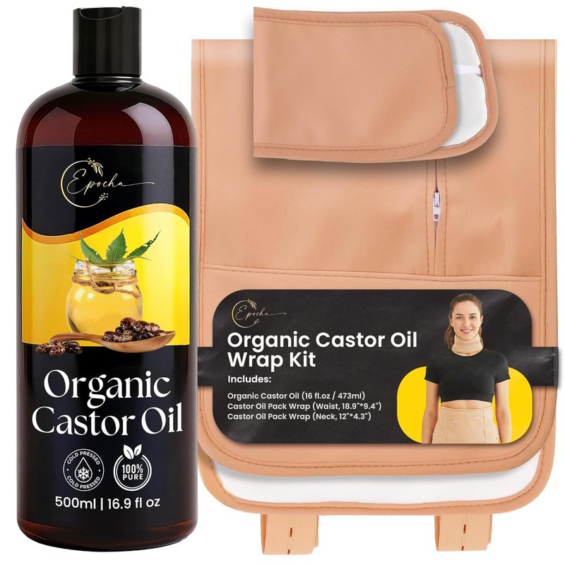 Organic Cold Pressed Castor Oil Pack Wrap Set - Reusable Cotton Neck & Stomach Wraps | Adjustable Straps for Relaxation & Detox 16oz