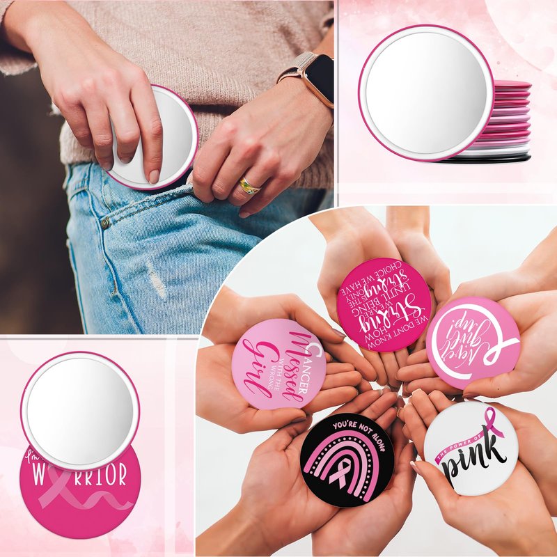 Wonderjune 100 Pcs Breast Cancer Awareness Gifts Pocket Mirror Bulk Portable Travel Mirrors Pink Ribbon Breast Survivor Compact Mirror for Charity Women Public School Events Supplies (Inspirational)