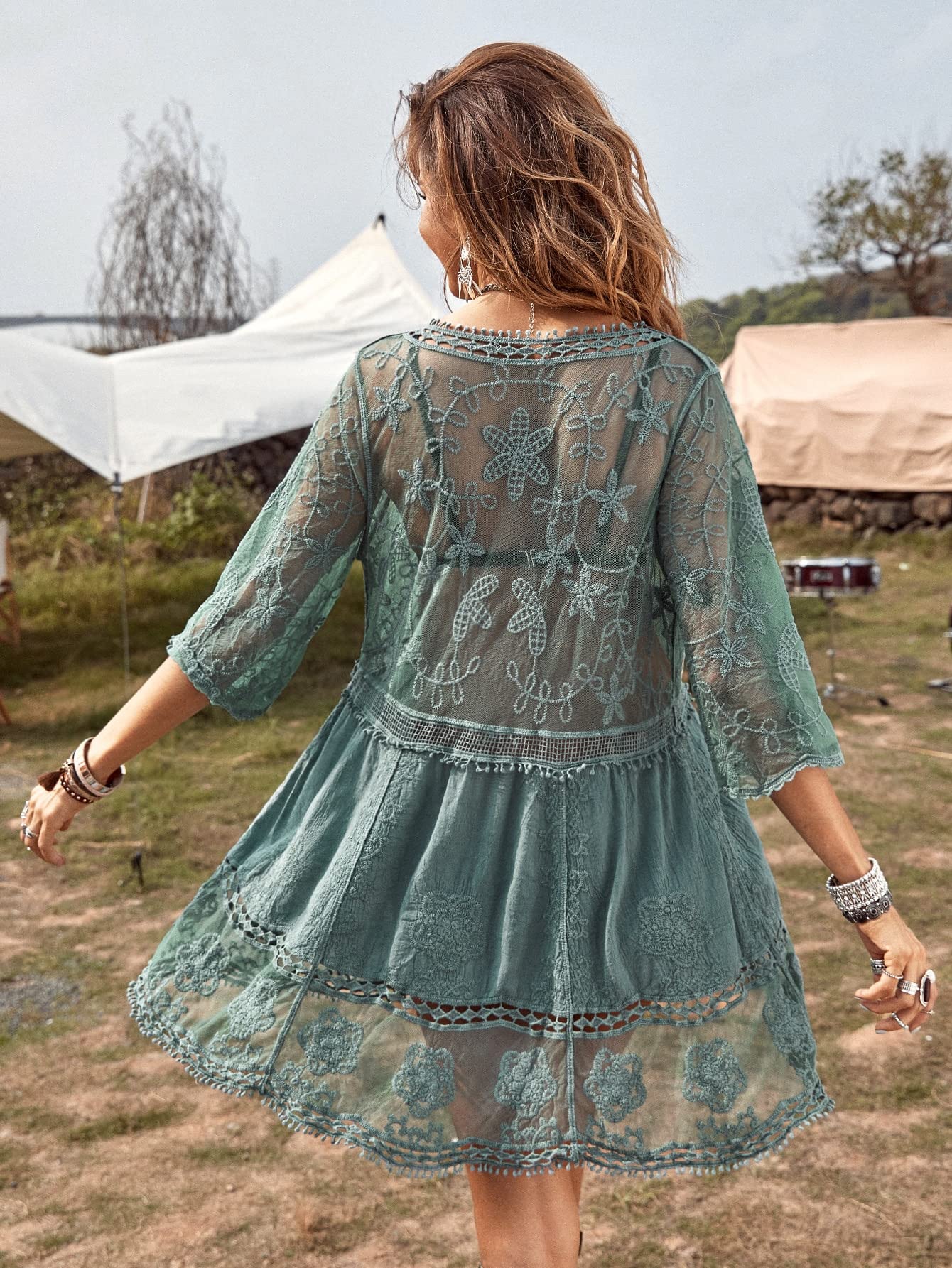 Eomenie Women's Contrast Lace Bathing Suit Cover Up V-Neck Swimsuit Coverups Loose Swimwear Beach Dress Beachwear Green