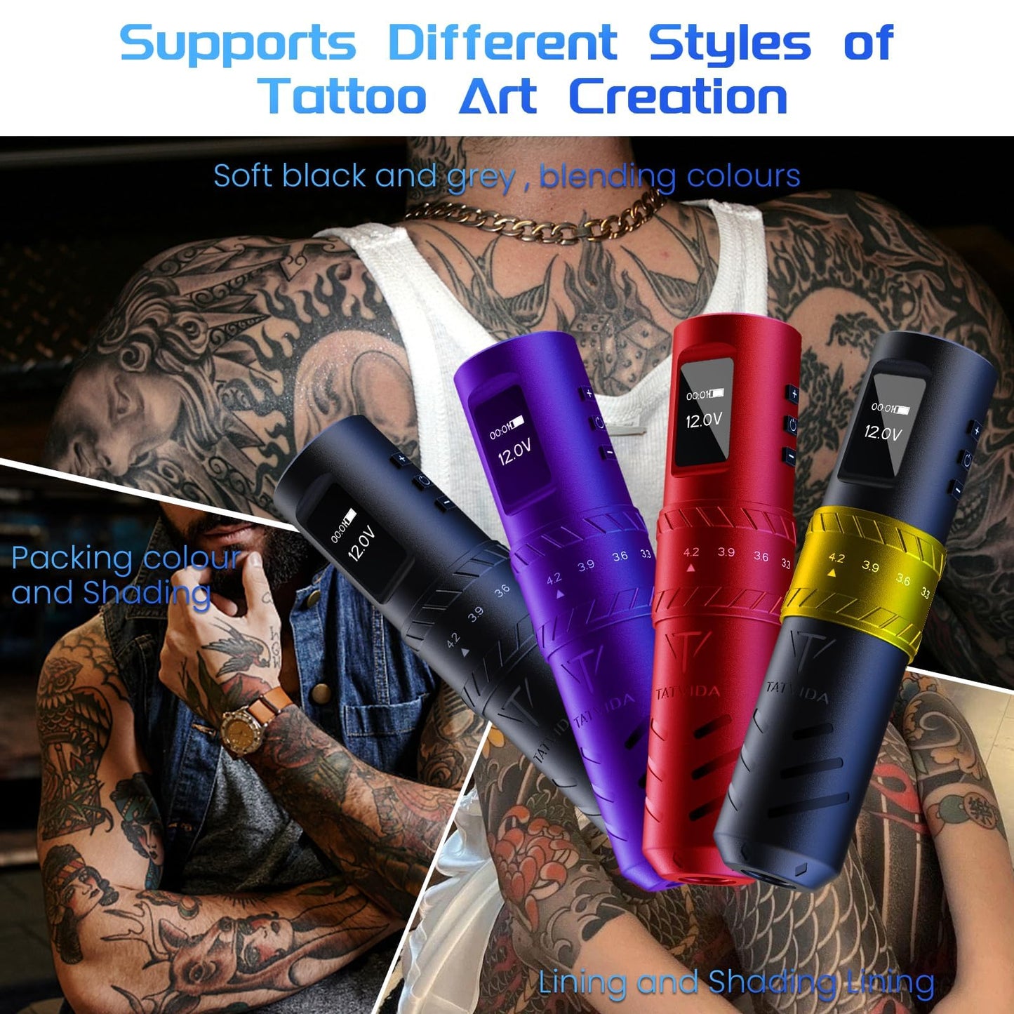Tattoo Gun portable tattoo machine, 2400mAh Rotary Tattoo Machine with 7 stroke length Options, Pro Tattoo Guns with Motor Power reliable for all kinds of needles, ink (One Battery)