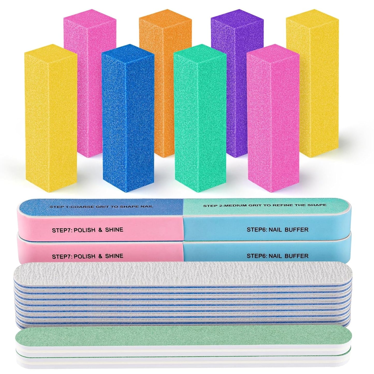 FANDAMEI Nail Files and Buffers, 20PCS Nail File Kit. Rectangular Nail Buffer Block & 100/180 Grit 7 Way Nail File & Polishing Buffer. Nail Prep Kit. Professional Manicure Nail Tools