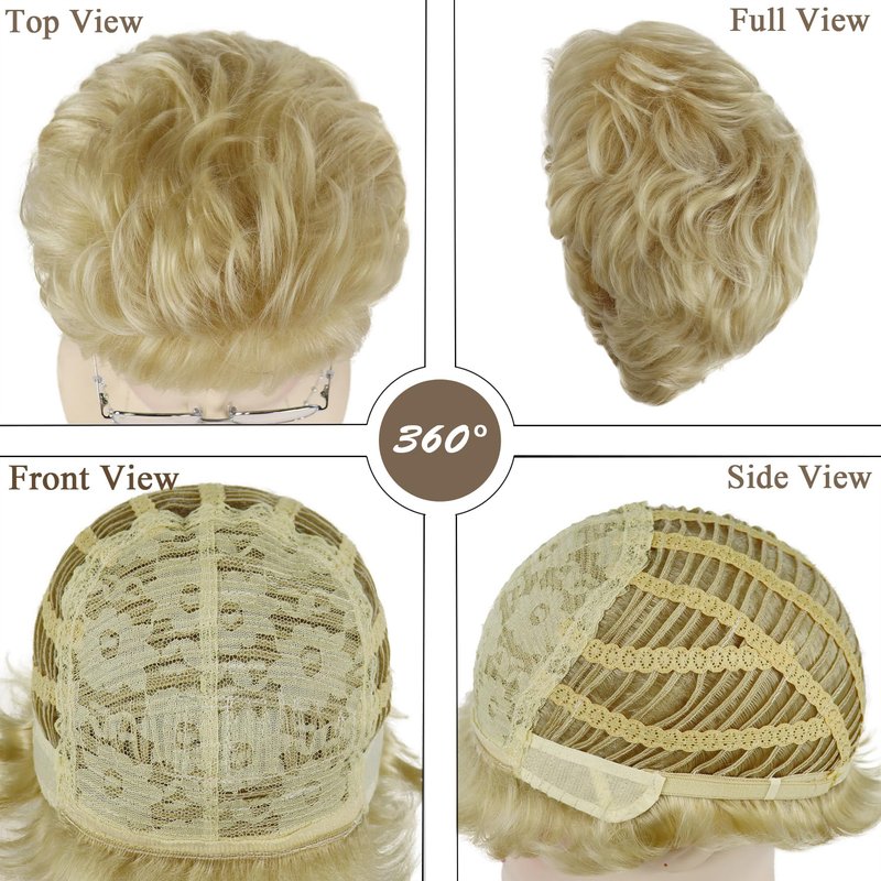 GNIMEGIL Curly Blonde Wig Sets Synthetic Hair Golden Grandma Wigs With Bangs Mommy Granny Outfits Betty White Wig Women Short Elderly Wigs With Glasses,Necklace For Old Lady Halloween Costume