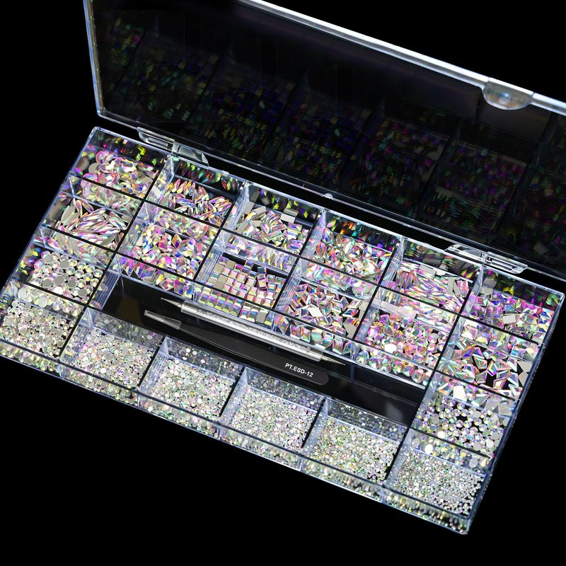 Yzzseven 12 Types of 600 Crystal AB Diamonds + 2500 Flat Rhinestones Mix 20 Styles Flatback DIY Crafts Rhinestone Crystals 3D Ornaments Flat Back Stones Set + Tweezers + Drill Pen