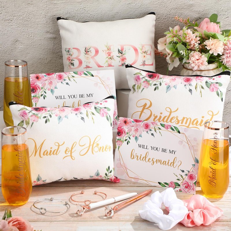 HyDren 35 Pcs Bridesmaid Proposal Gifts Maid of Honor Gift Include Champagne Flutes Makeup Bags Invited Cards Hair Scrunchies Bracelets Diamond Pens for Wedding Bachelorette(Cute Style,Pink)