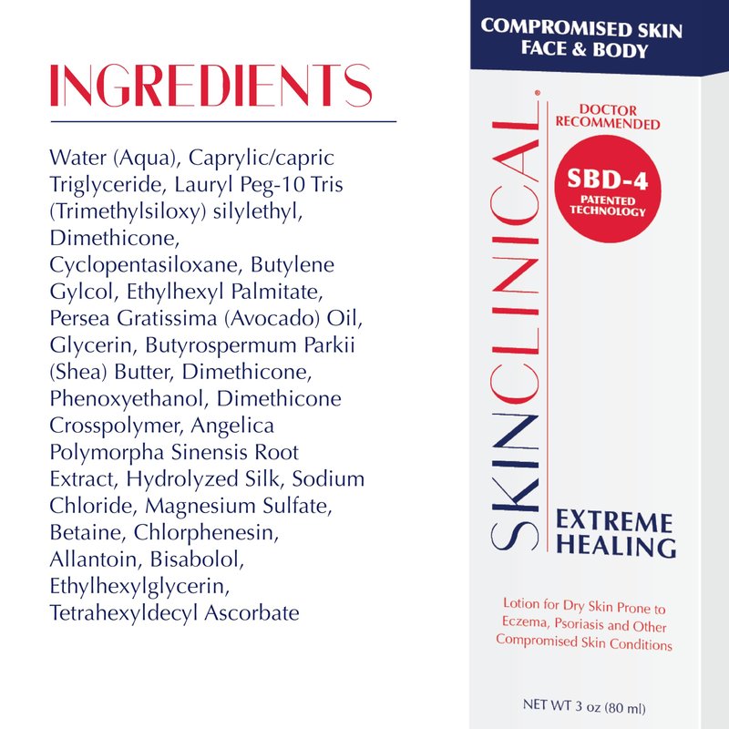 SkinClinical Extreme Healing, Non-Sticky, Fast-Absorbing Lotion For Dry Skin with Eczema and Psoriasis, Fragrance Free Lotion with Patented Ingredient SBD-4, Soothing Relief for Hand and Body, 3 Oz