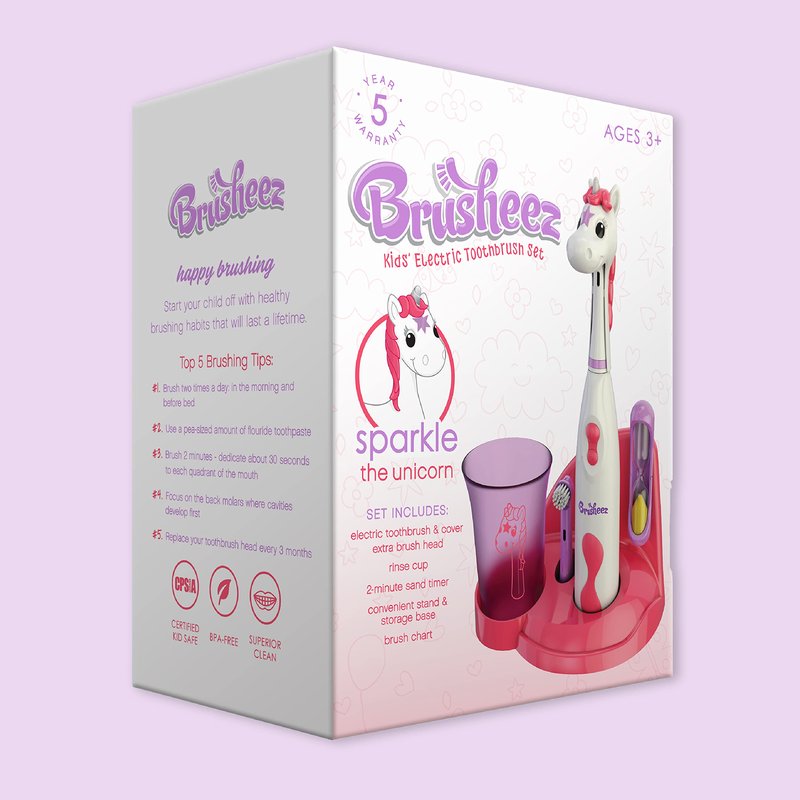 Brusheez Kids’ Electric Toothbrush Set - Safe & Effective for Ages 3+ - Parent Tested & Approved with Gentle Bristles, 2 Brush Heads, Rinse Cup, 2-Minute Timer, & Storage Base (Sparkle the Unicorn)