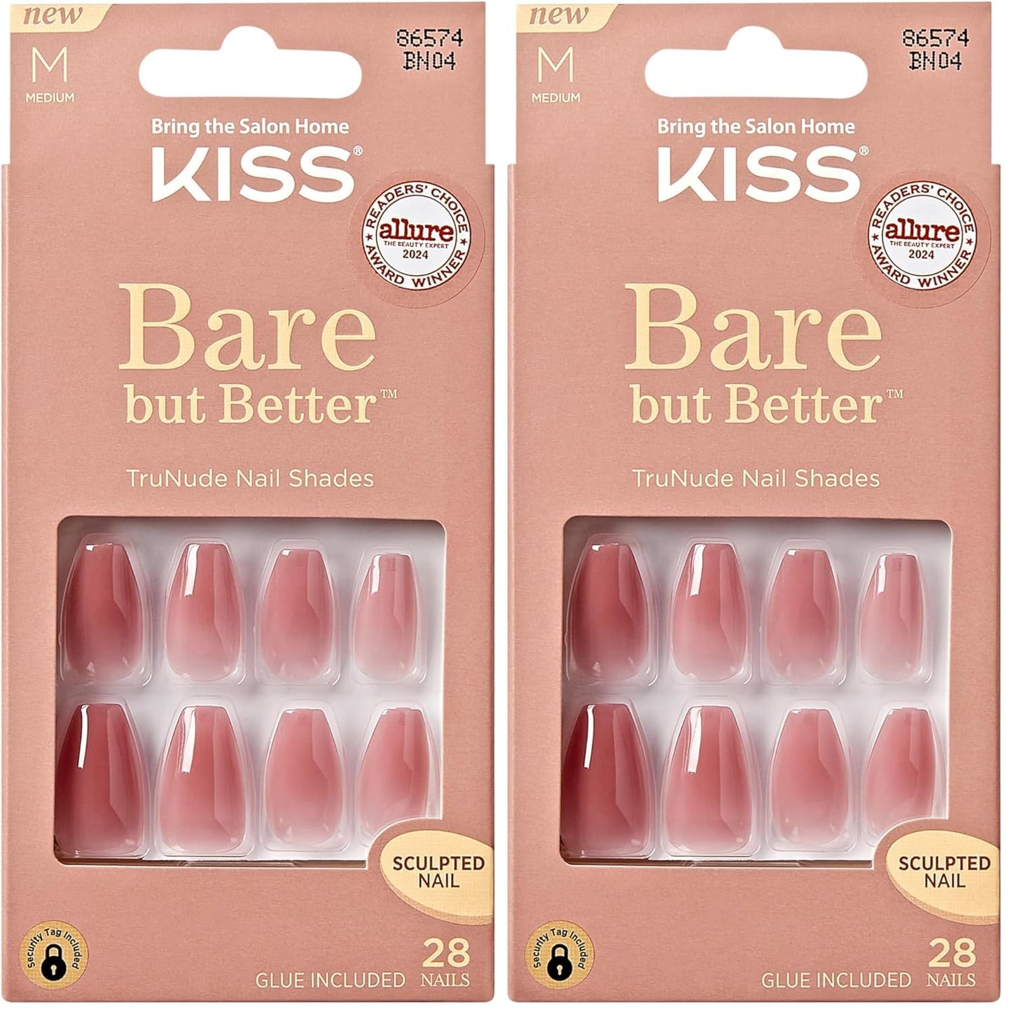 KISS Bare but Better, Press On Nails, Nail glue included, 'Nude Nude', Color, Medium Size, Coffin Shape, Includes 28 Nails, 2g glue, 1 Manicure Stick, 1 Mini File
