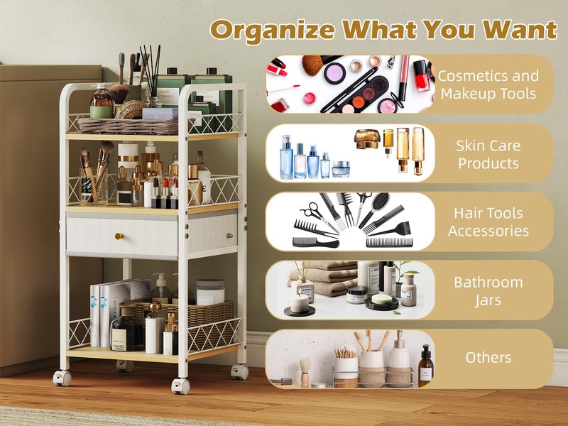 Makeup Organizer Rolling Cart with Drawer, Makeup Organizer on Wheels, Rolling Makeup Bathroom Storage Cart, Cosmetics Display for Nail Polish Makeup Brush