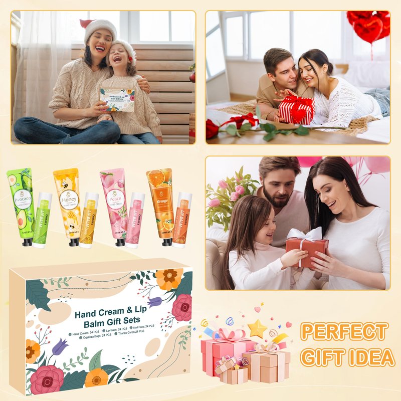 24 Sets Bulk Gifts For Women, Hand Cream Lotion, Lip Balm, Mini Nail Files Gifts Set with Organza Bags, Thank You Card, Baby Shower Bridal Wedding Favor for Guests, Christmas Gifts for Women