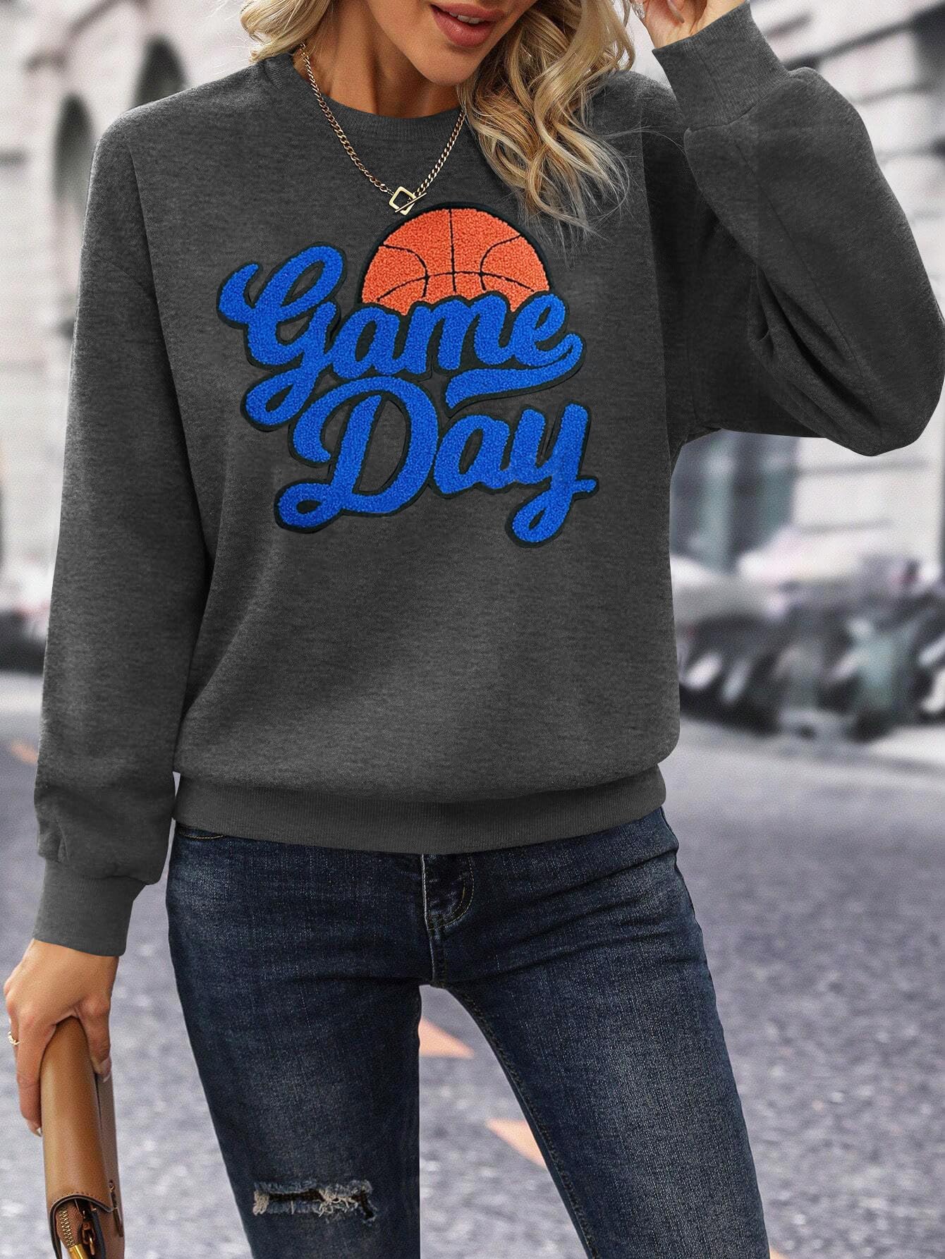 PICKID Basketball Game Day Sweatshirt for Women Game Day Chenille Patch Shirts Basketball Graphic Long Sleeve Tops Grey