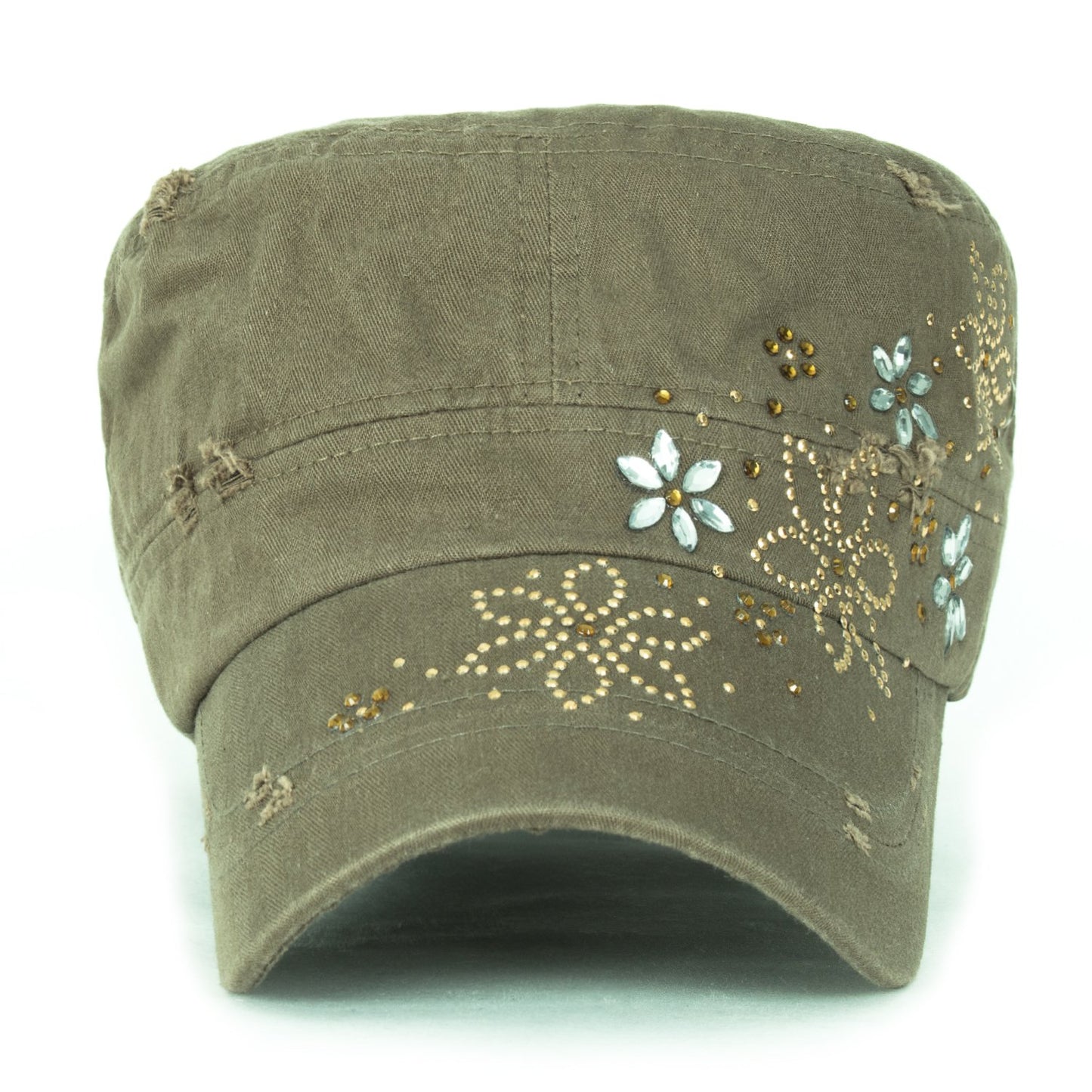 ililily Crystal Gemstone Stud Flower Vintage Cotton Military Army Hat Short Brimmed Cadet Cap, Olive Drab