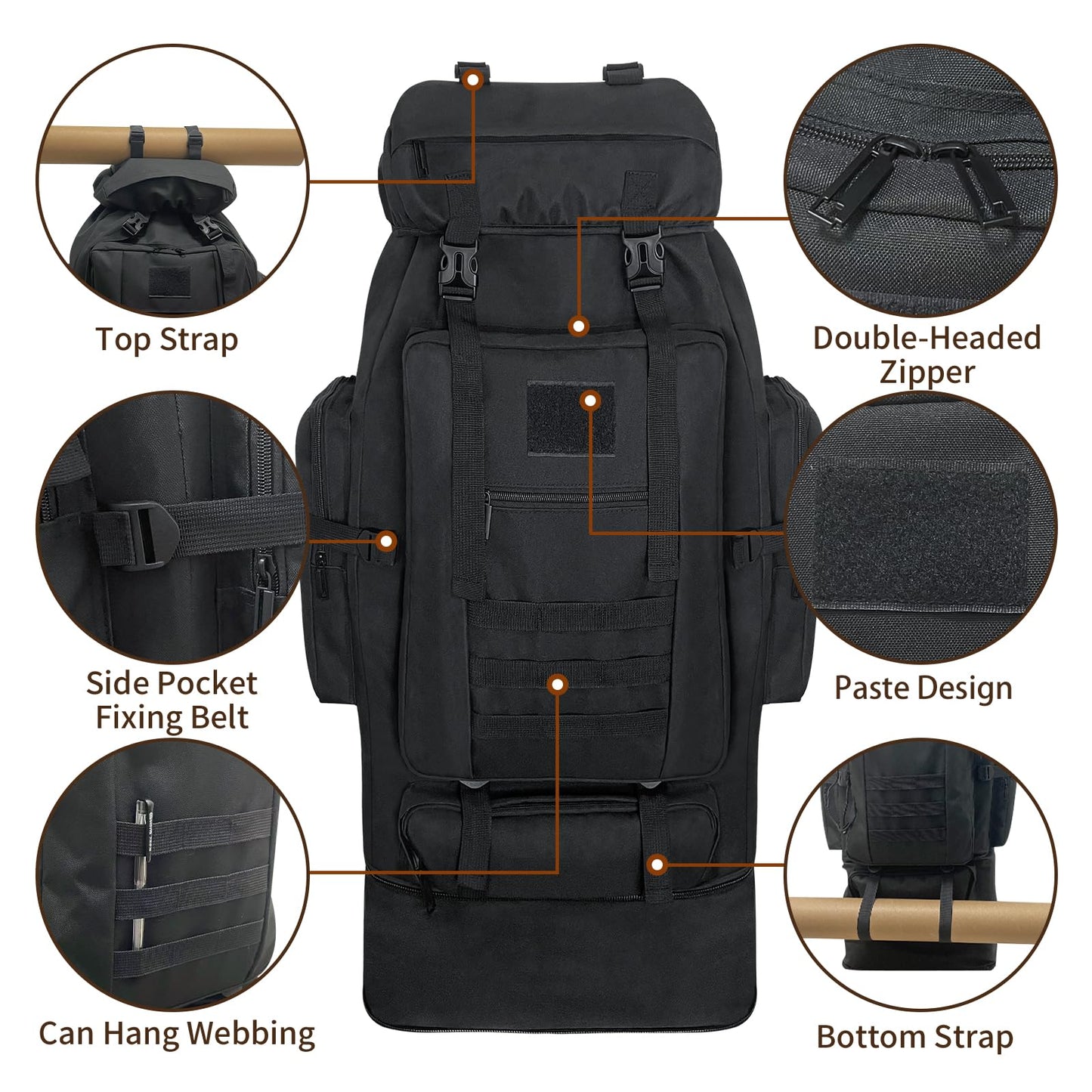 Vaupan Hiking Backpack, 100L Large Camping Backpack, Expandable Waterproof Molle Rucksack, Outdoor Sport Travel Daypack Military Tactical Back pack for Men Women (Black)