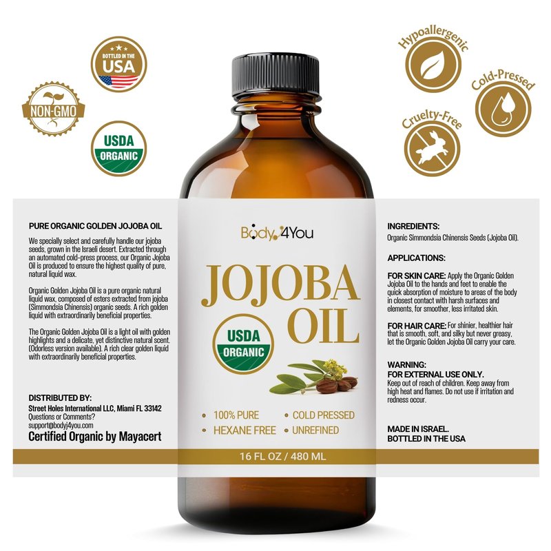 BodyJ4You Jojoba Oil for Face Skin - USDA Organic 100% Pure Cold Pressed - Facial Dermaplane Gua Sha Hair Growth Body Massage DIY - Unrefined Carrier Hexane Free Natural - Bulk Value Size Carrier Wax