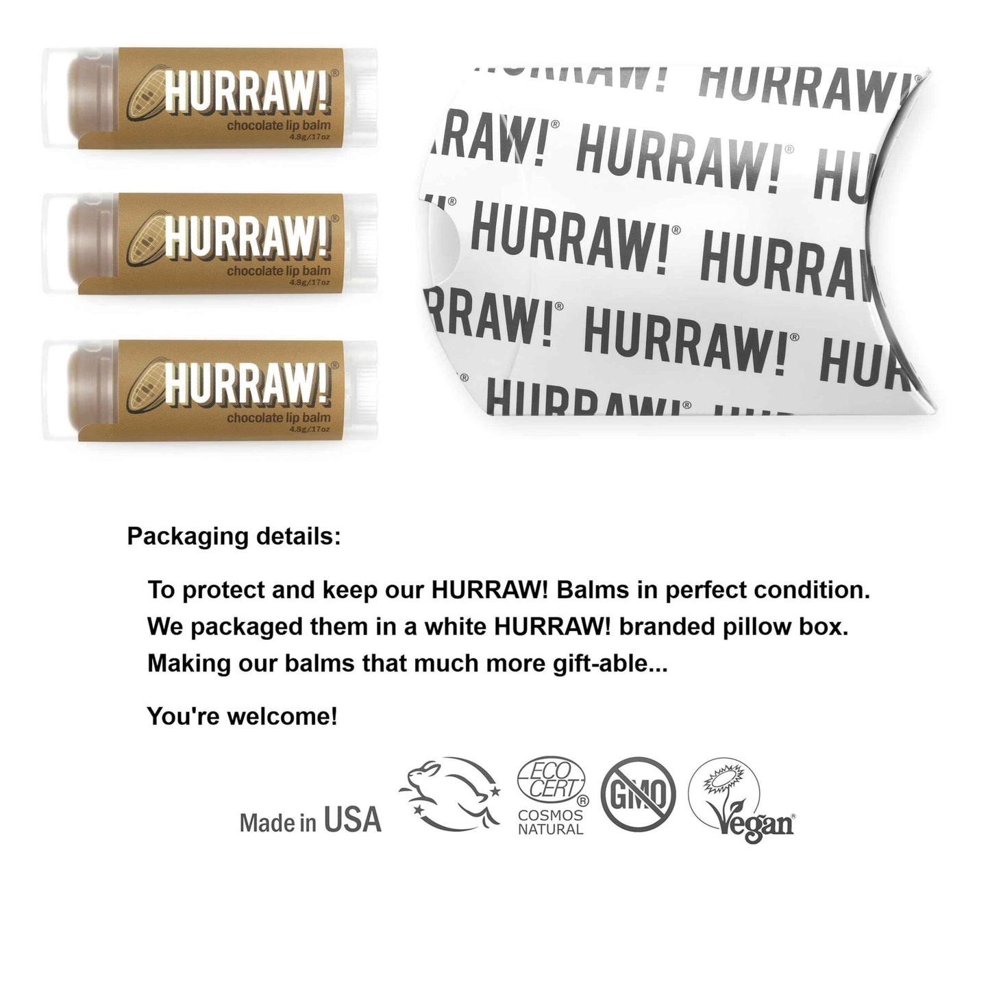 Hurraw! Chocolate Lip Balm, 3 Pack: Organic, Certified Vegan, Cruelty and Gluten Free. Non-GMO, 100% Natural Ingredients. Bee, Shea, Soy and Palm Free. Made in USA