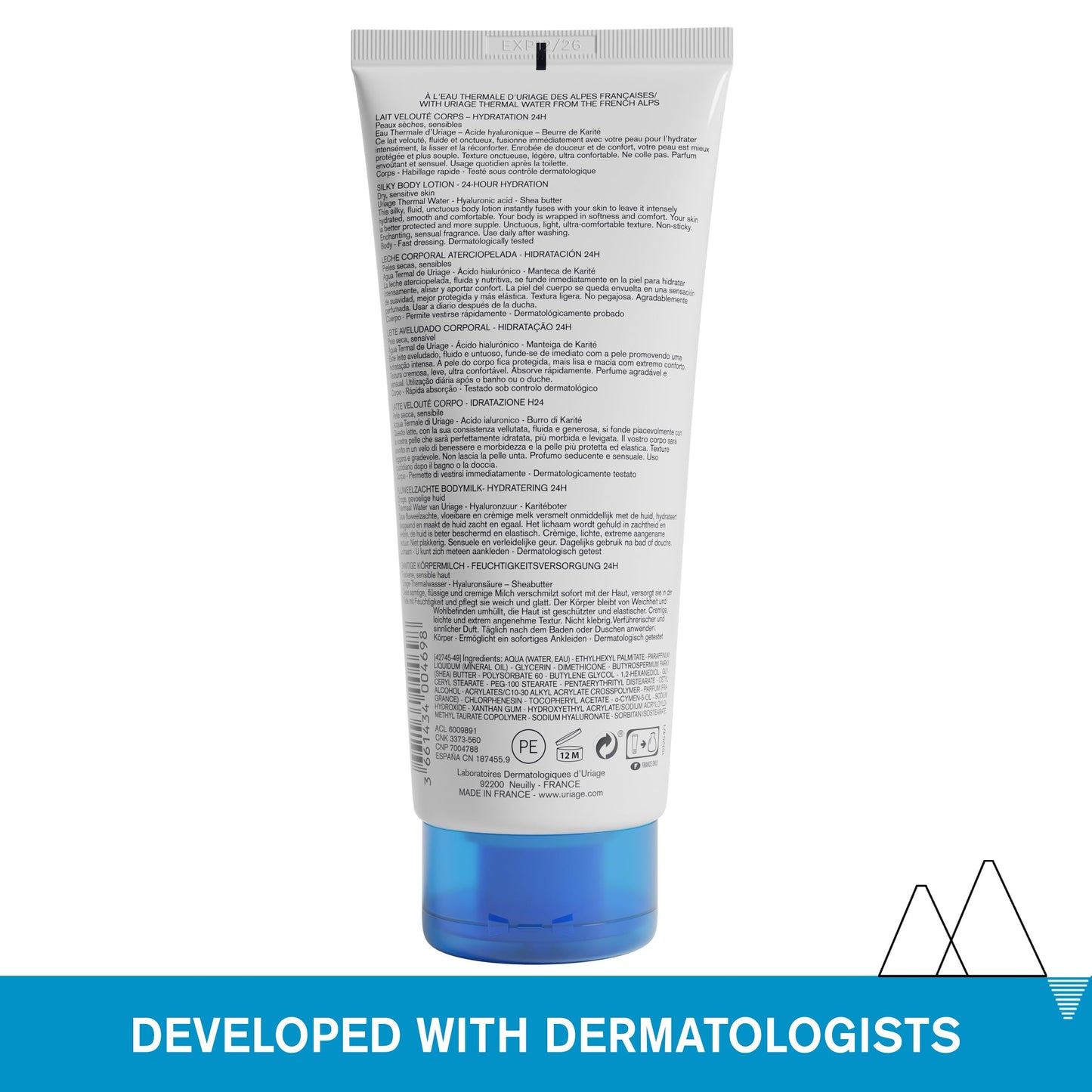 Uriage Silky Body Lotion with Shea Butter & Hyaluronic Acid | 24H Hydration, Smoothing Effect, Moisturizer, Paraben-Free, 200 mL / 6.76 oz