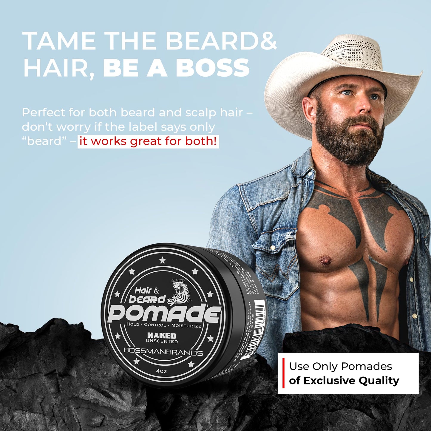 Bossman Hair & Beard Pomade for Men (Naked - Unscented) – Medium Hold & Moisturizing for Hair, Beard & Mustache Styling – Made in USA