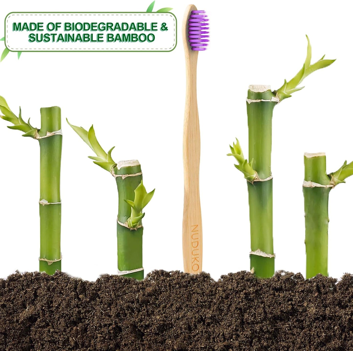 Biodegradable Bamboo Toothbrushes, 10 Piece BPA Free Soft Bristles Toothbrushes, Natural, Eco-Friendly, Green and Compostable