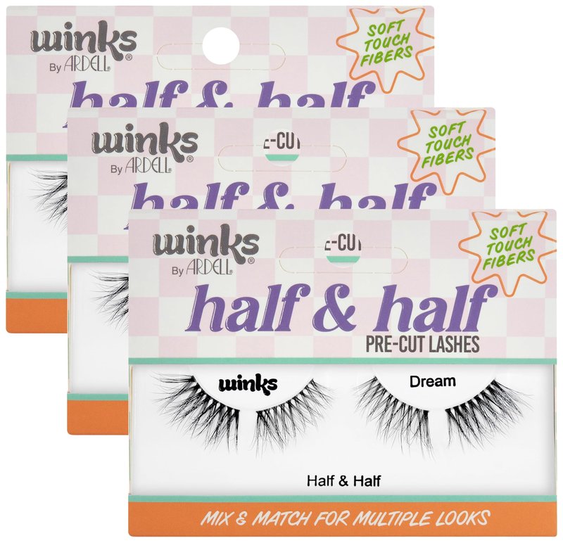 Ardell Winks Half & Half Pre-Cut Lashes Dream, False Eyelashes, DIY Lash Cluster for Cat Eye Look, Wispy Strip, 3-Pack