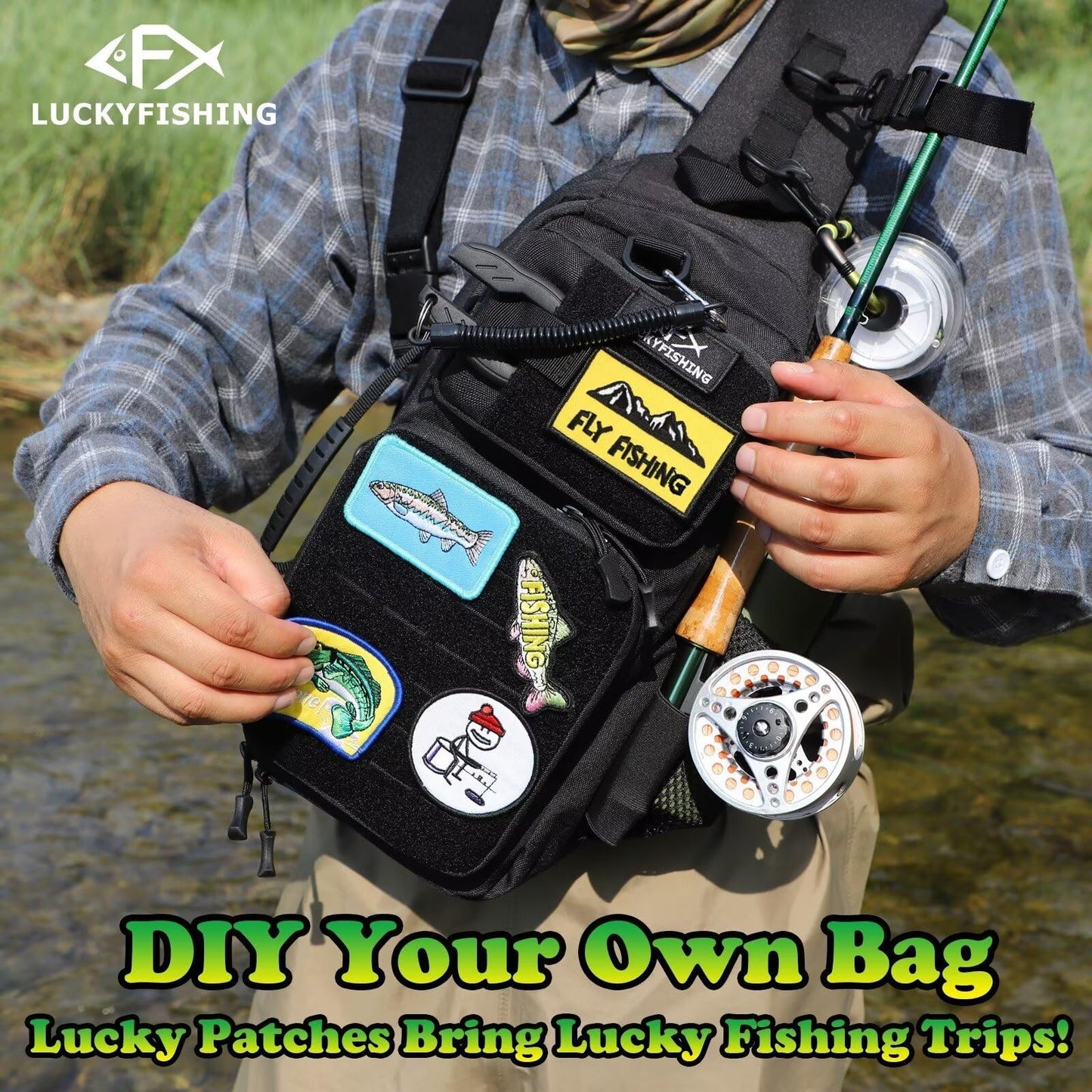 LUCKYFISHING Fishing Backpack - Lightweight Fly Fishing Sling Bag with 6PCS Hook Style DIY Embroidery Patches