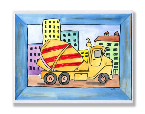 The Kids Room by Stupell Red and Yellow Cement Truck with Blue Border Rectangle Wall Plaque