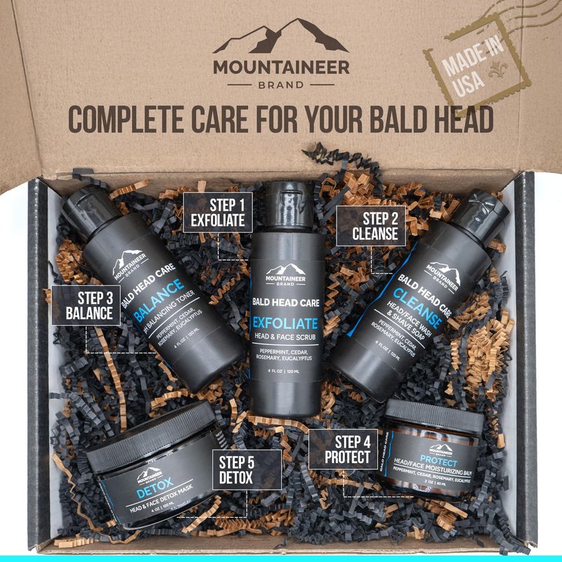 Mountaineer Brand Bald Head Care Gifts For Bald Men | All Natural 3 Step Daily Skin Care for Healthy Scalp & Face | Exfoliate Scrub | Cleanse Wash | Shine Away PH Balance