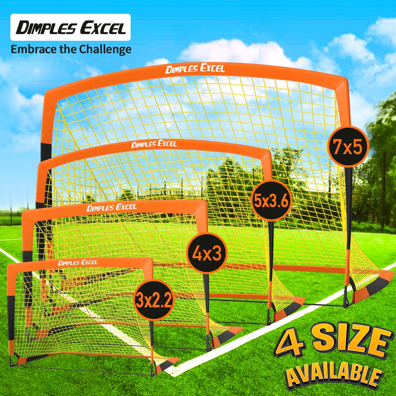 Dimples Excel Soccer Goals Kids Net for Backyard 7x5, 5x3.6, 4x3, 3x2.2 FT