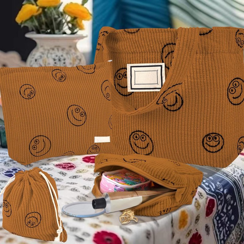 Corduroy Cosmetic Bag Set - 4 Pcs Aesthetic Toiletry Organizer | Small Drawstring Makeup Pouch