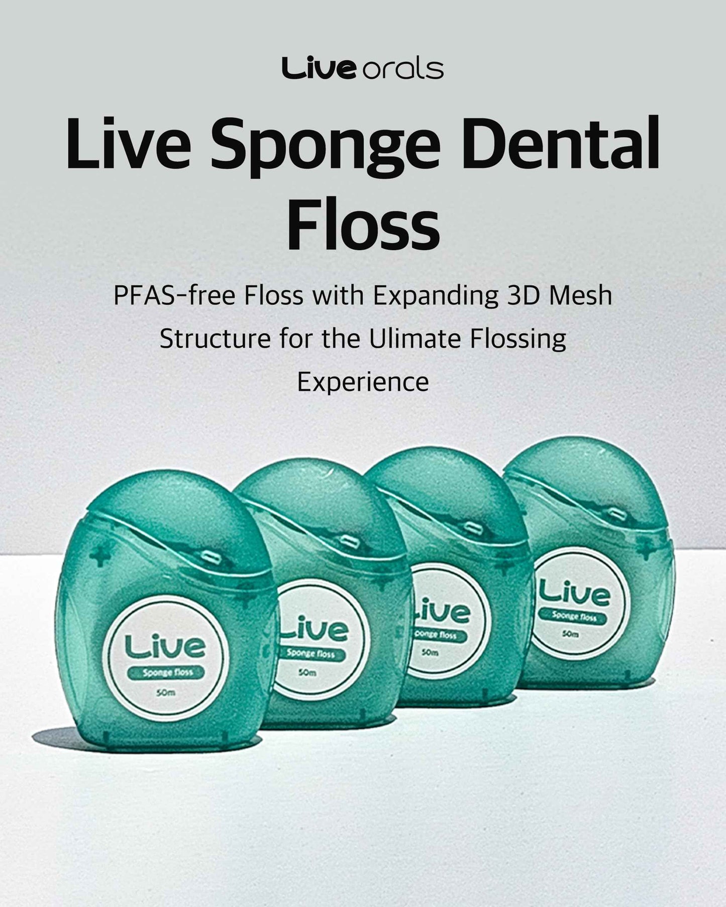 LiveOrals Live Sponge Dental Floss – 164ft (50m) Pack of 6, PFAS-Free, Non-Toxic Wax, Expanding 3D Mesh for Gentle & Effective Cleaning Between Teeth