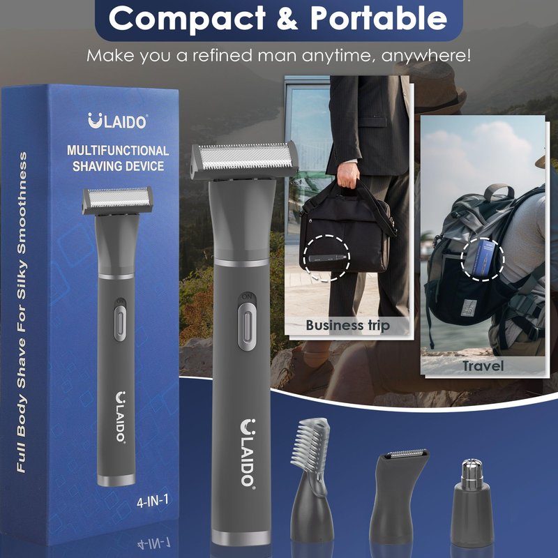 ULAIDO Body Hair Trimmer for Men, 4 in 1 Versatile Trimmer Shavers for Groin/Ball/Beard/Eyebrow/Nose/Ear Hair Shaver, USB-C Electric Pubic Hair Trimmer for Smooth Shaving with Storage Bag